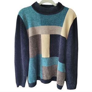 Alfred Dunner Colorblock Knit Sweater - Blue, Cream, and Gray Size XL